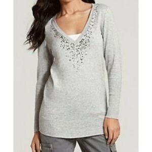 Eileen Fisher Sweater Size Large Sequin V-Neck Organic Cotton Cashmere Gray